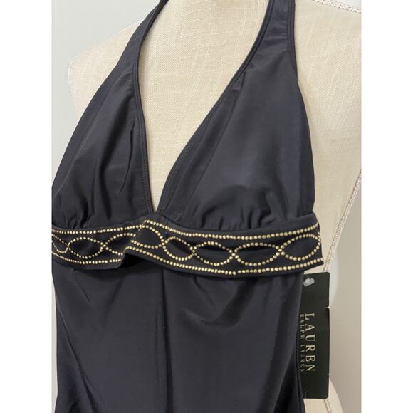 NWT Lauren Ralph Lauren One Piece Halter Swimsuit Sz 8 Black With Gold Studded - Picture 2 of 3